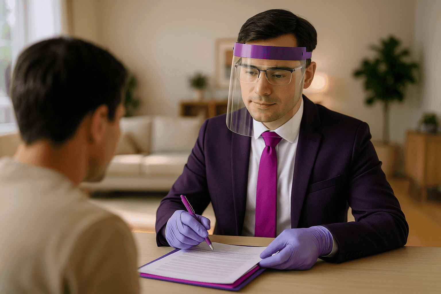 Healthcare advisor in PPE consulting client in a clean, well-lit home interior