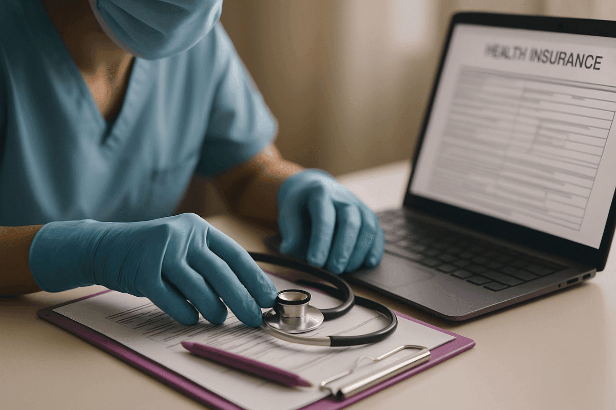 Healthcare worker's gloved hands adjusting stethoscope on clipboard near laptop